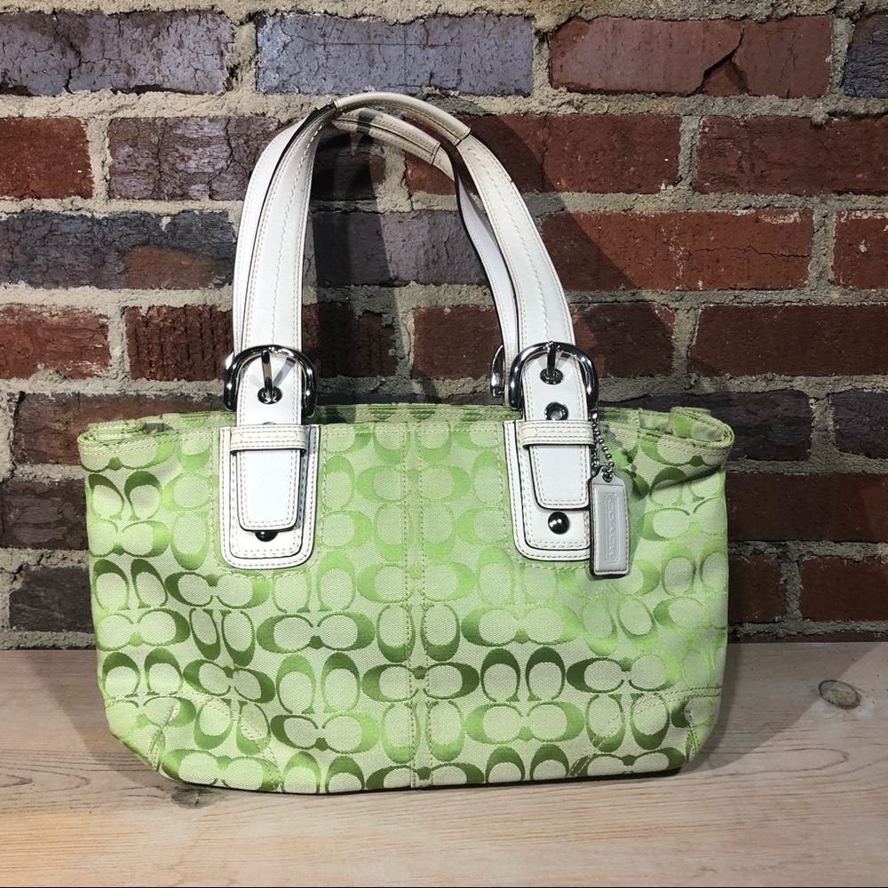 Coach Lime Green Signature Tote with White Handles